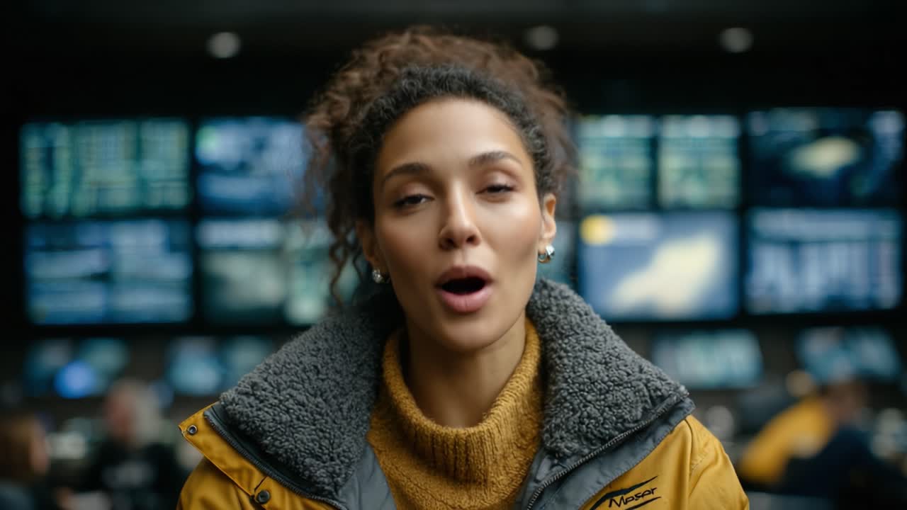 Engaging Presenter in a Broadcasting Studio: A Confident Woman with Curly Hair in a Yellow Jacket and Cozy Sweater Ready to Deliver Insightful Commentary