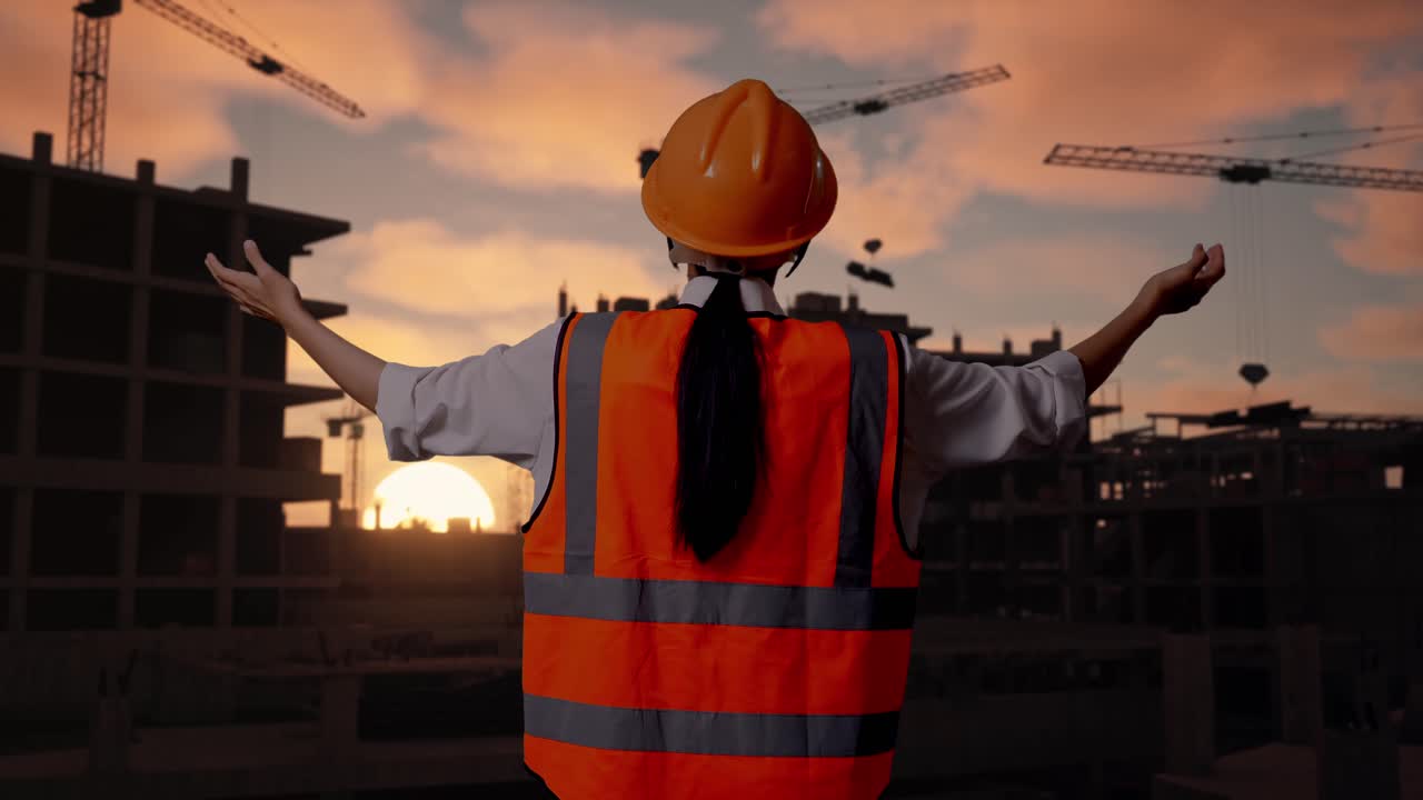 Back View Of A Female Engineer With Safety Helmet Spreading Arms While Standing At Construction Site in Progress to New House