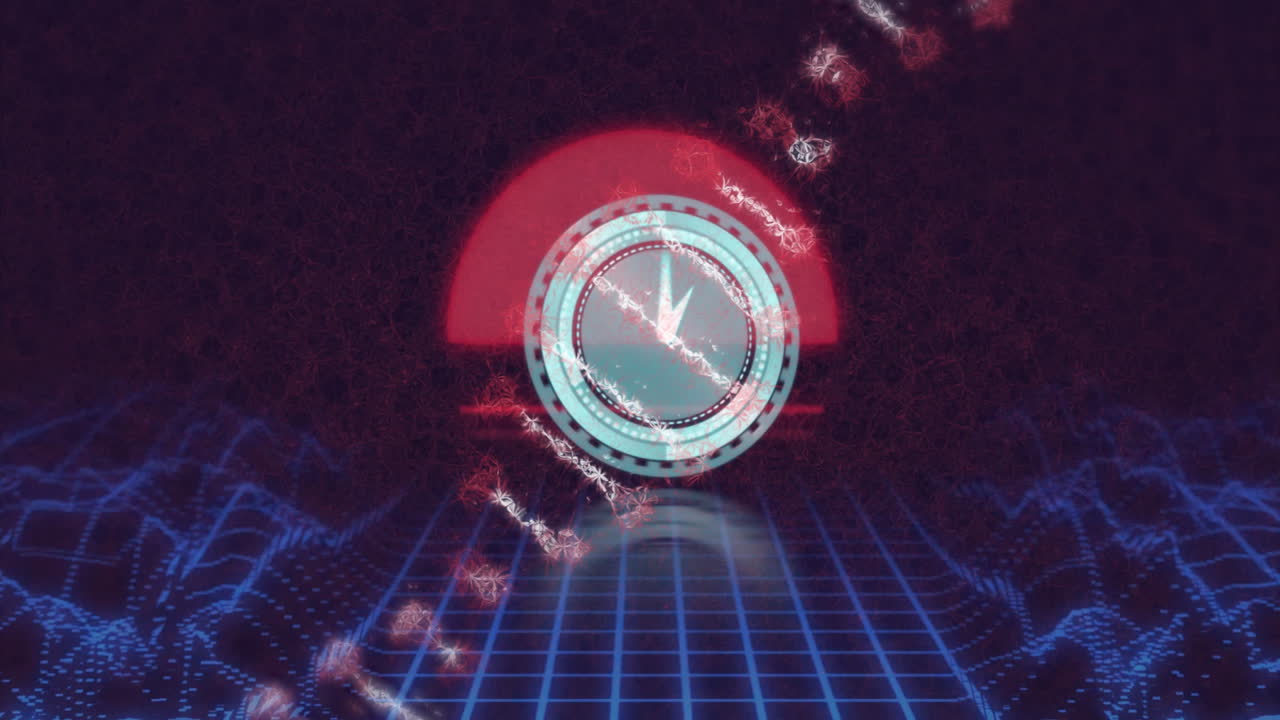 Futuristic digital clock animation over grid with glowing red and blue elements
