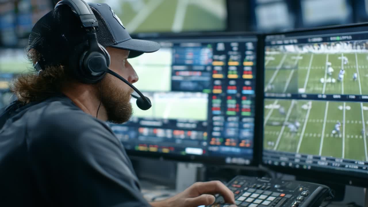 In a High-Tech Sports Analysis Room, a Focused Operator Monitors Live Football Game Footage with Multiple Screens and Advanced Data Tools, Enhancing Game Strategy and Performance Insights
