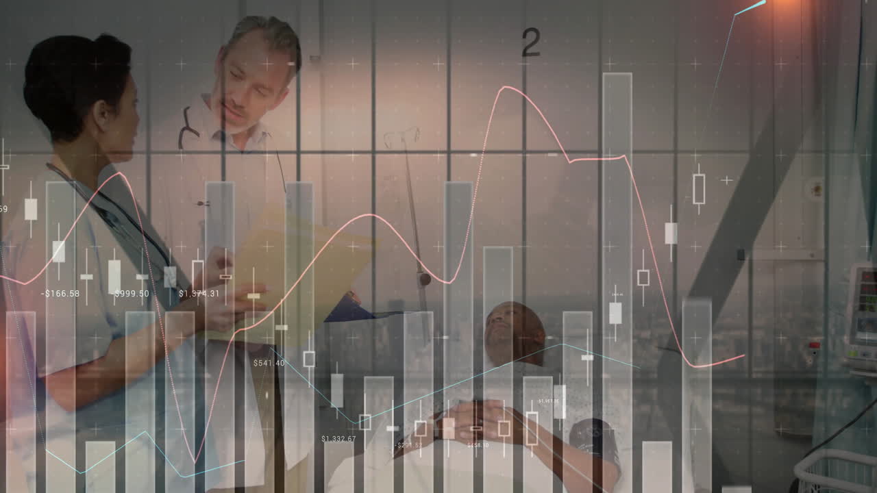 Female doctor and male doctor reviewing chart in hospital, displaying financial bars, trend lines