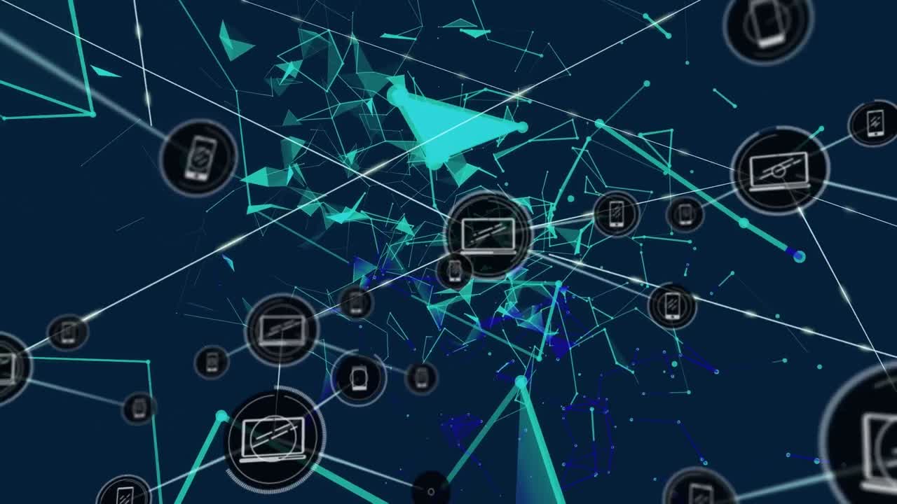 animación de la red de conexiones con iconos sobre las conexiones azules