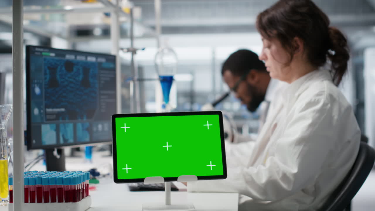 Vertical video Medical laboratory technician using isolated screen tablet for DNA data analysis