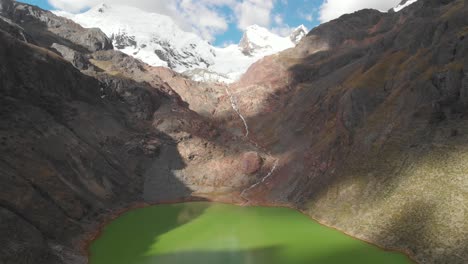 shallap, the green lake in peruvian andes, amazing reversal shot panoramic view of the glacier mountain, river an lake products of the global warming effects
