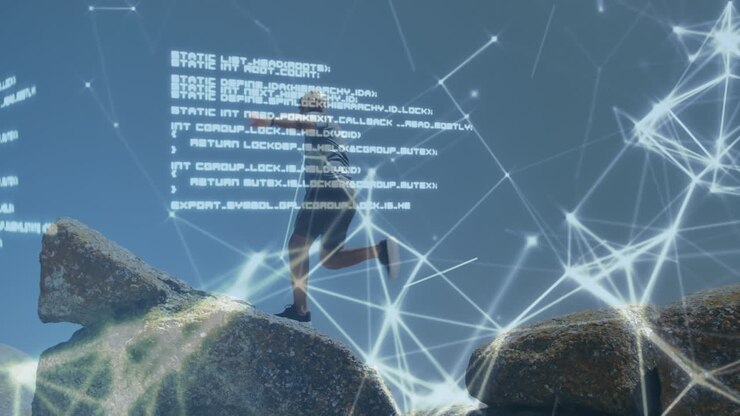 Animation of network of connections over senior african american man running at beach