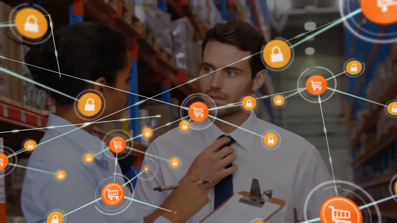 animación de la red de conexiones con iconos sobre diversos trabajadores en el almacén