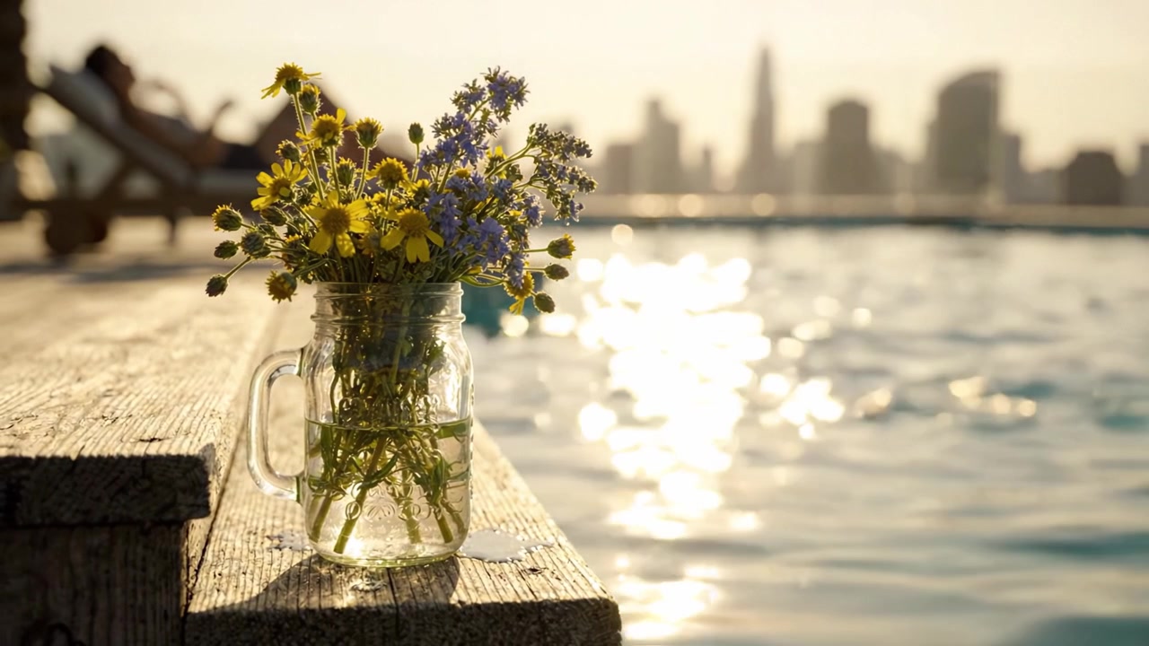 En fredfyldt aften ved poolen: En smuk glasvase med nyplukkede vilde blomster reflekterer det gyldne sollys med en bysilhuet i baggrunden.