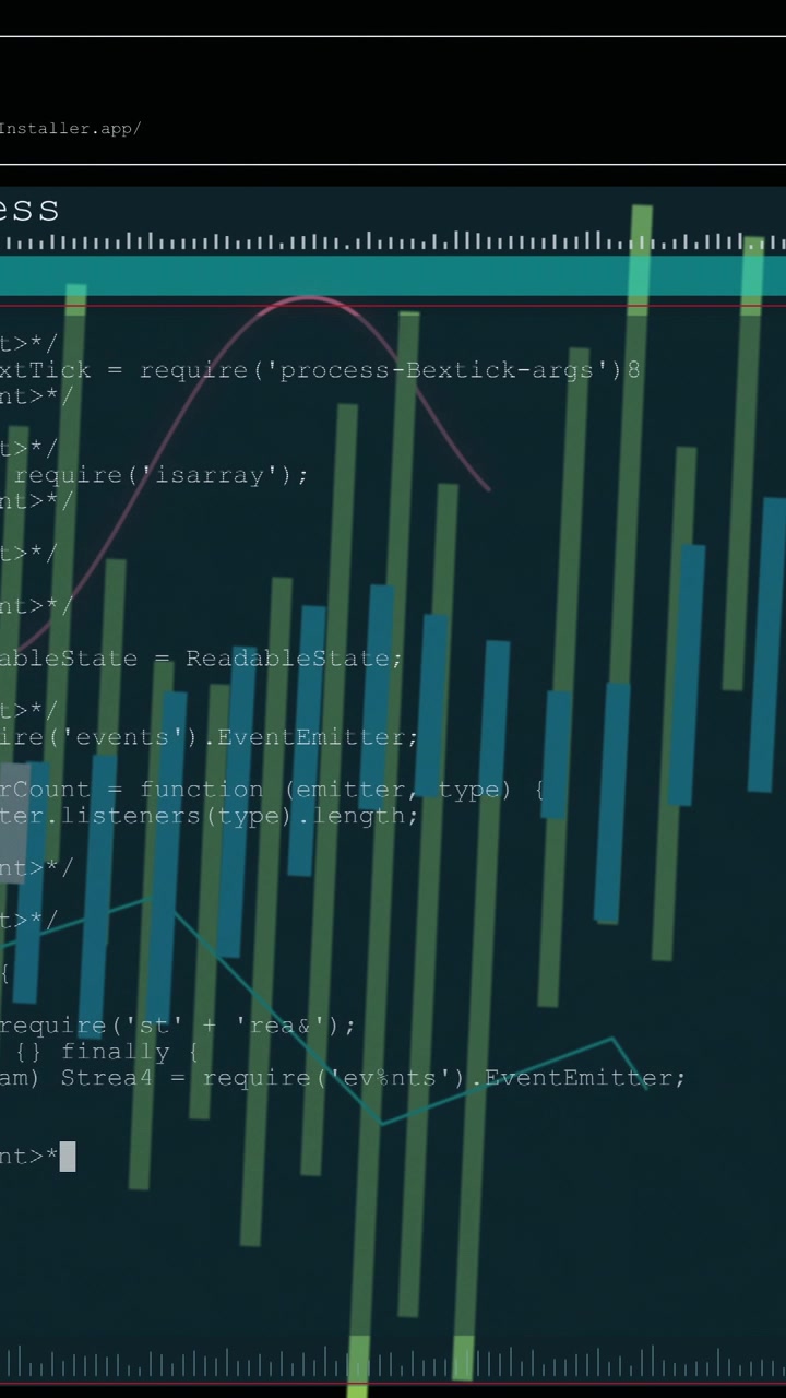 Verticale video: Terminal onthult code vanuit een bijna zwarte achtergrond, met balken die omhoog komen en sporen die gegevens weergeven