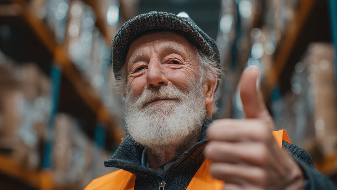 A Joyful Warehouse Worker Celebrates Accomplishments with a Thumbs Up in a Brightly Lit Storage Area Filled with Boxes and Supplies