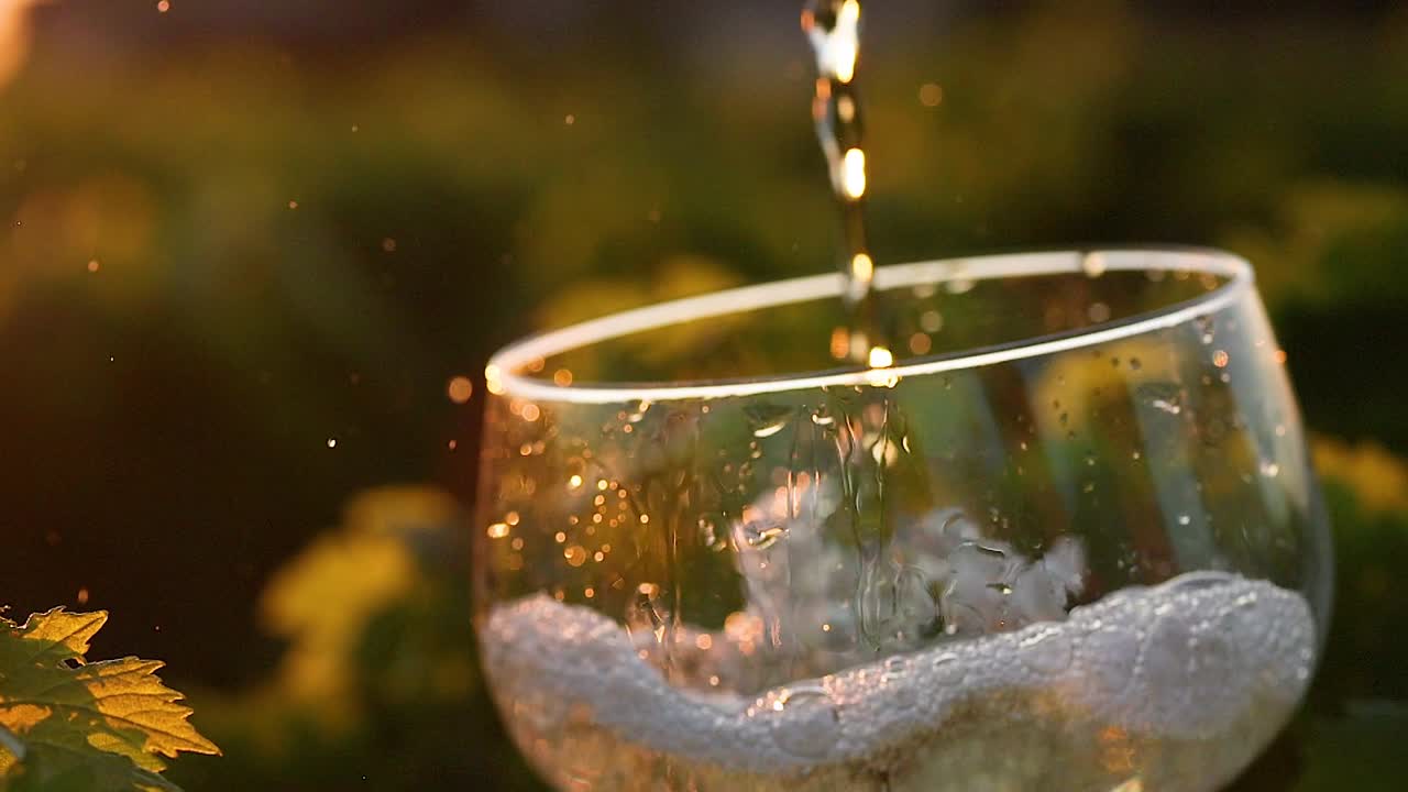 Un bicchiere si riempie di vino bianco su uno sfondo sfocato di vigneto al tramonto