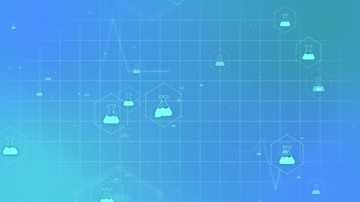 Animation of medical icons and data processing over grid on blue background