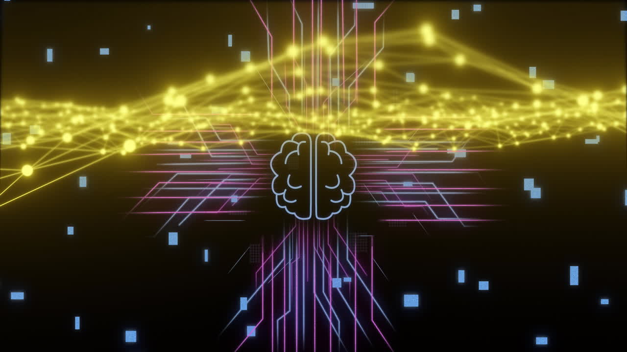 Neural network and brain activity animation over glowing data connections