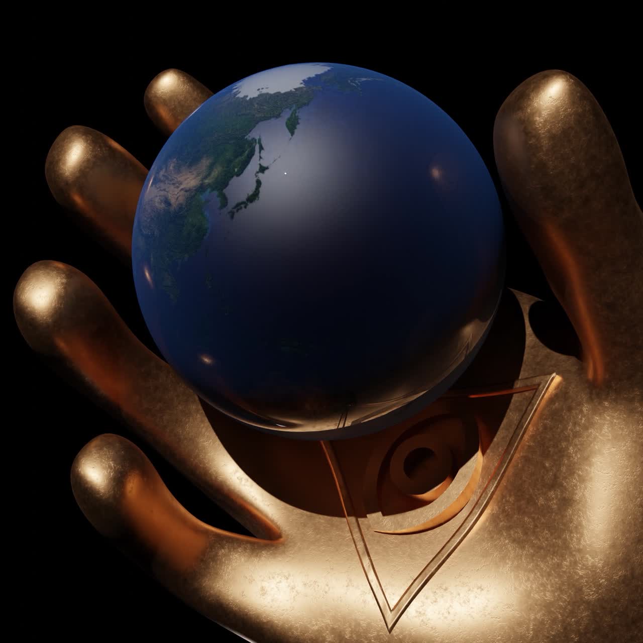 Golden Hand Holding Earth with All-Seeing Eye