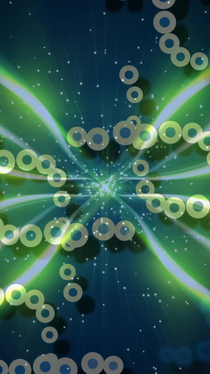 Vertikal video: Nexus pulserer, ringe kommer ind i hjørnet og spiralerer indad med stråler, danner et motiv