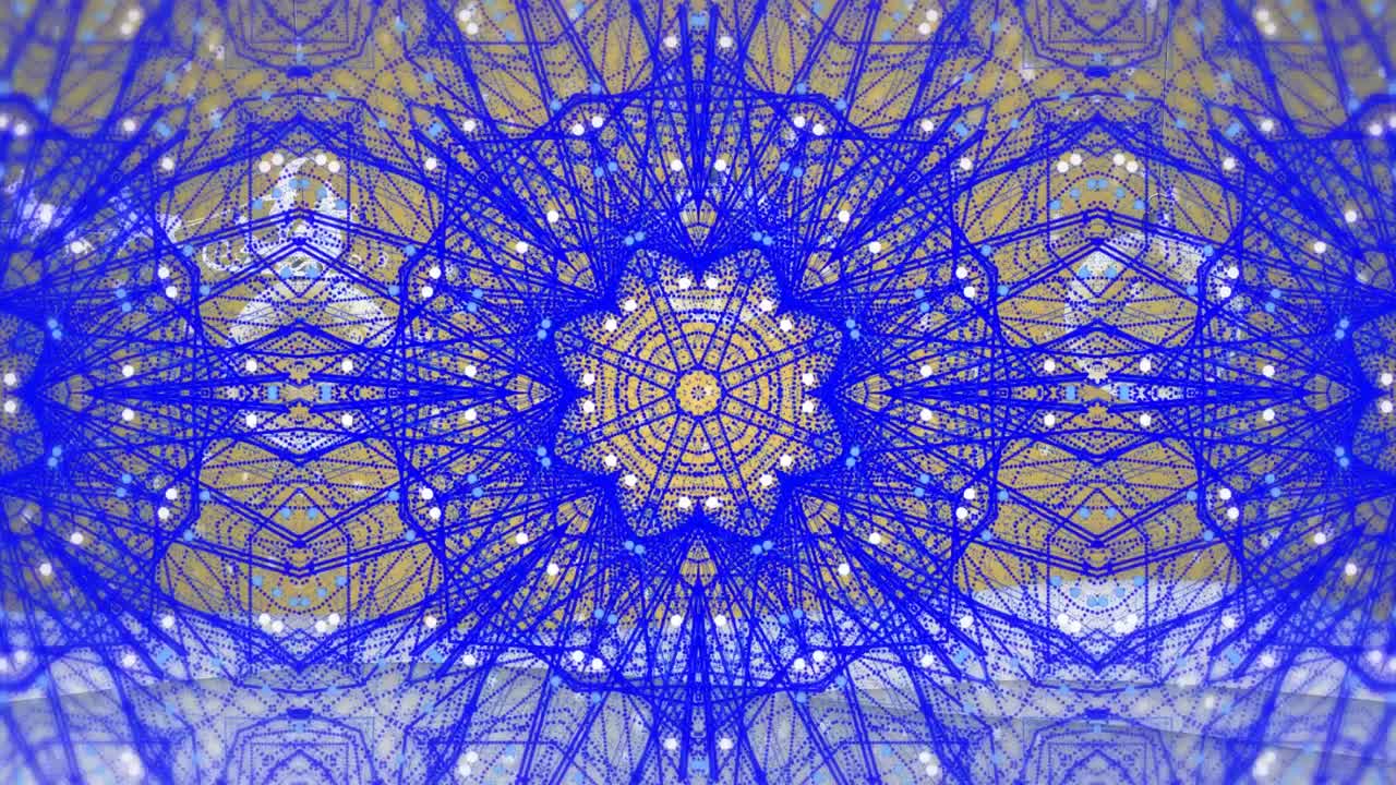 눈이 떨어지고 겨울 풍경 위에 걸려있는 구슬에 대한 칼레이도스코프 패턴