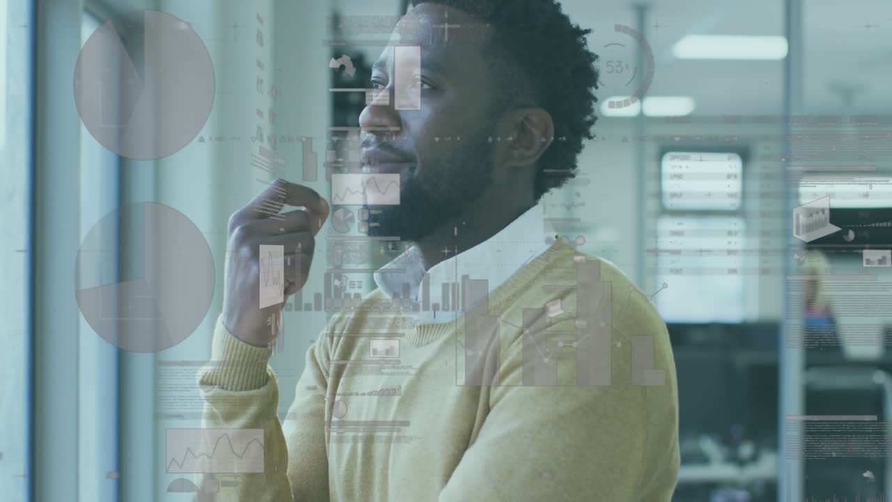 animación del procesamiento de datos financieros sobre el pensamiento del empresario en la oficina