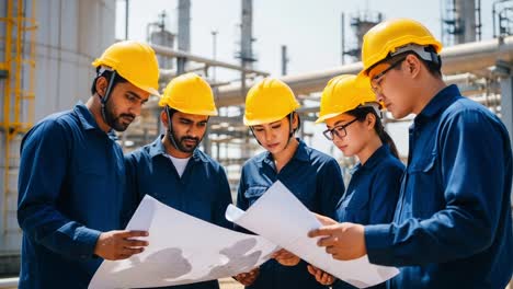 team of engineers collaborating at a construction site, analyzing project plans and posing for innovation and safety with hard hats and blue uniforms