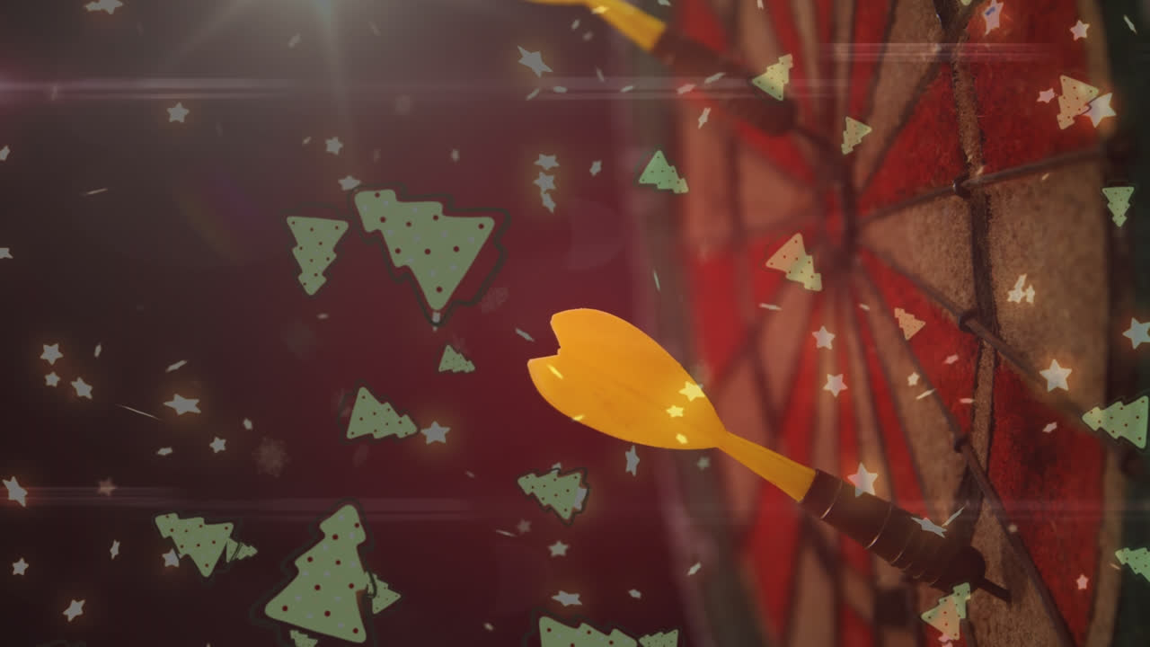 다중 크리스마스 트리 아이콘의 애니메이션이 다트 보드에 노란 화살표의 클로즈업으로 떨어집니다.