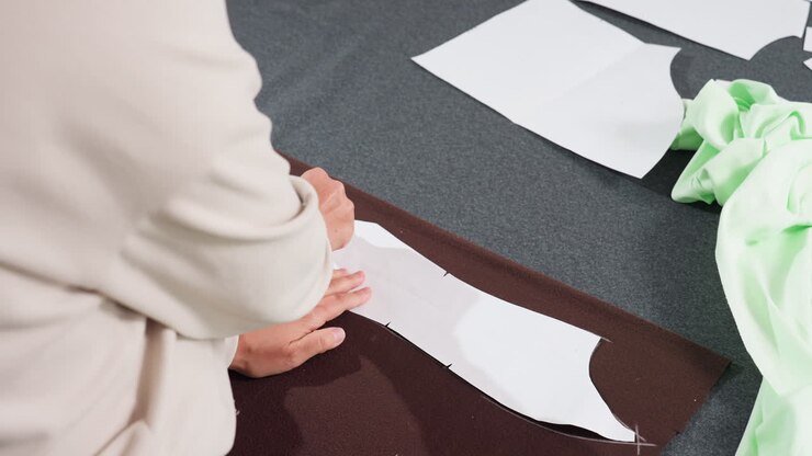 Seamstress carefully tracing cutout paper pattern onto dark brown fabric using tailor chalk on worktable while preparing garment design layout in sewing workshop with other fabric pieces around