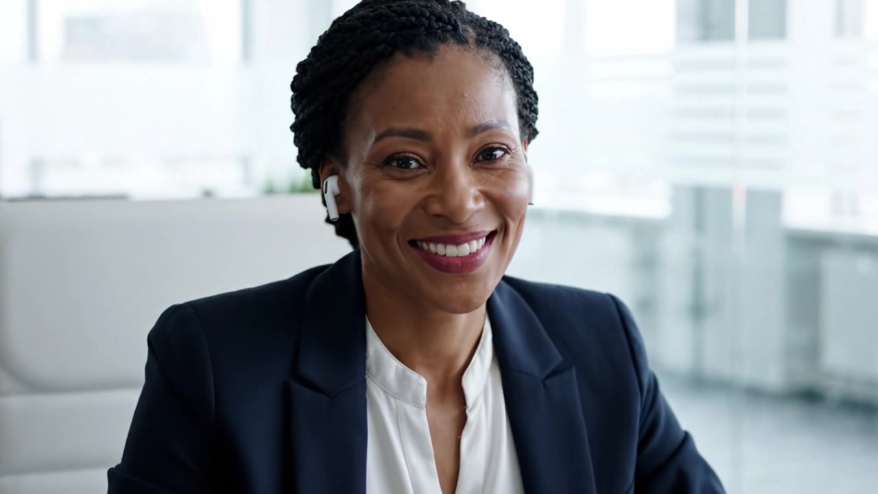 Professional Woman Engaging in Video Call with a Confident Smile in a Modern Office Setting, Highlighting Remote Work and Communication Skills