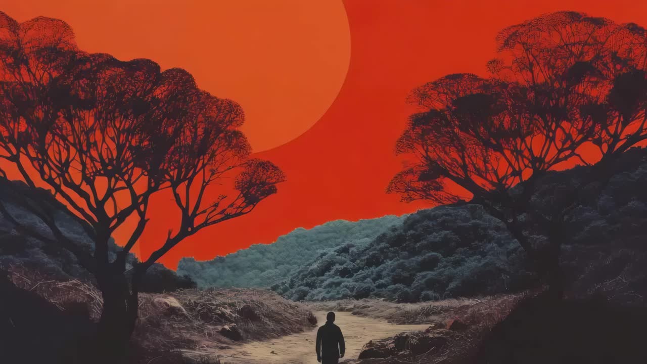 Paesaggio surreale con una figura solitaria che cammina su un sentiero sotto un cielo rosso.