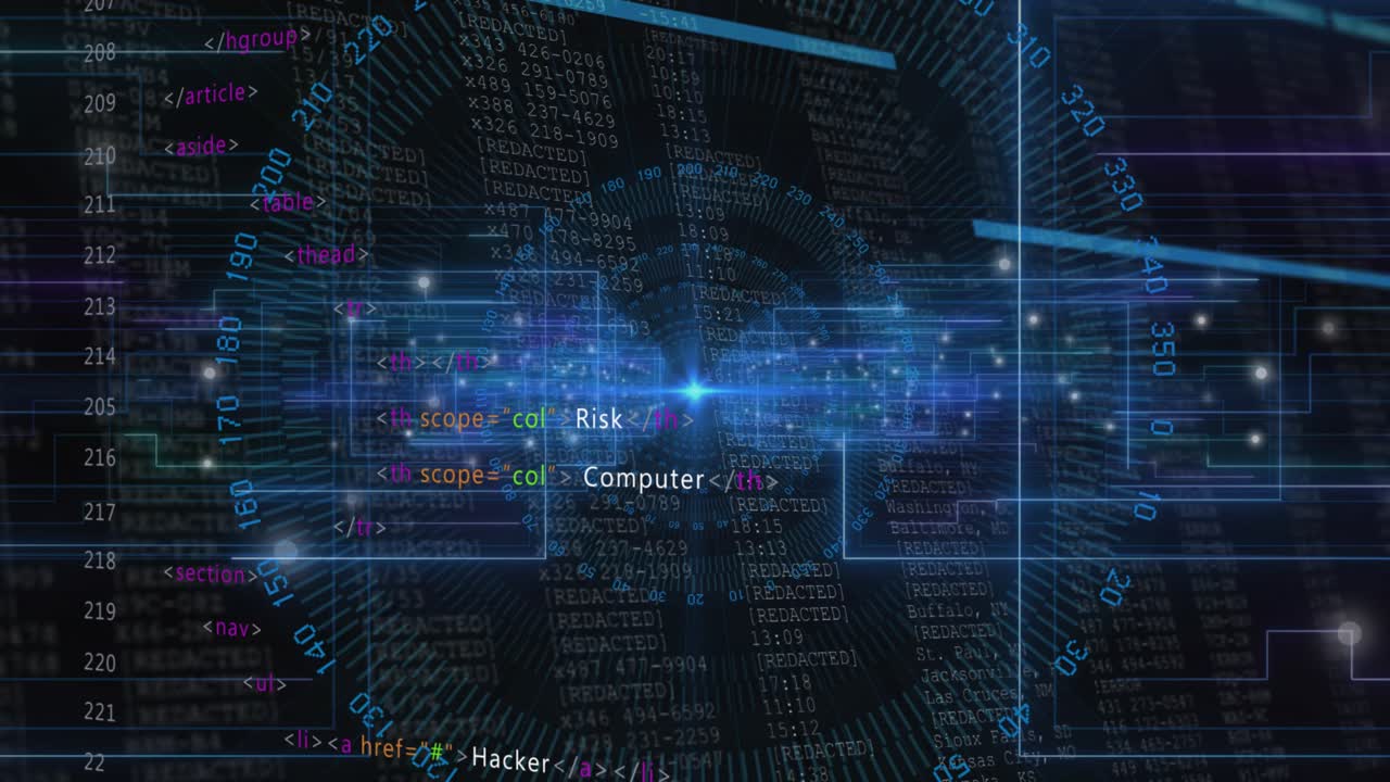Rotating radial graphic starting HTML tags sliding, terms pulsing streaming security interface view