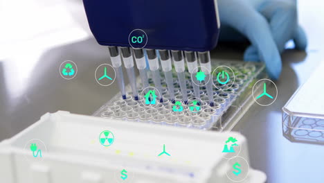 animation of eco icons and data processing over scientist in laboratory