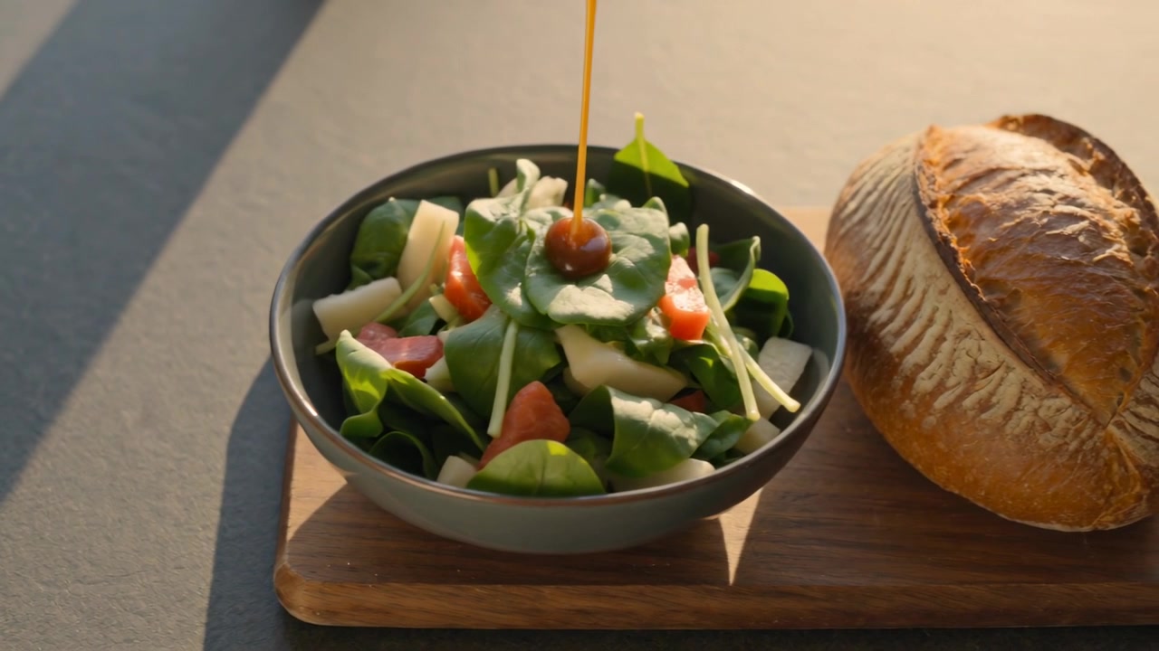 Efter at en dråbe er dukket op, hælder en krukke mørk dressing over en salatskål på en grå bordplade, dressinger salaten.
