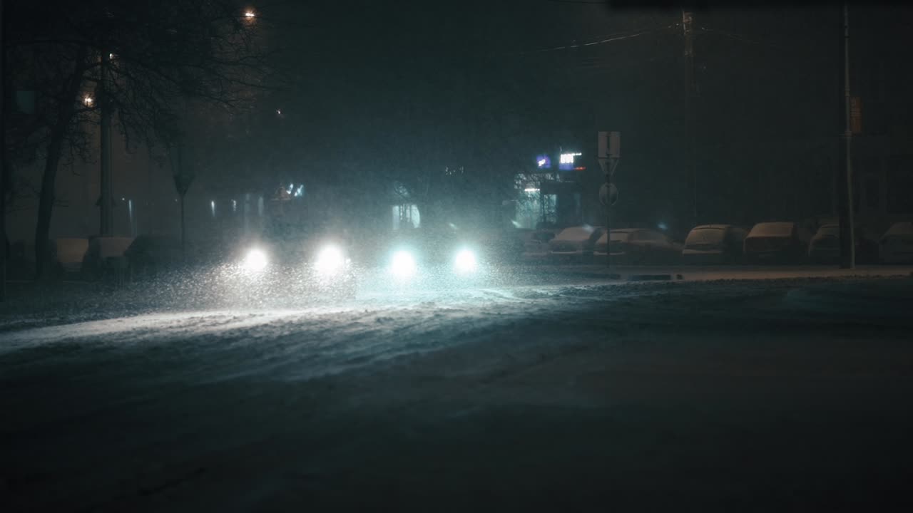 Cars driving in the city on a frosty winter night, during a blizzard, super slow motion