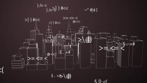 animación de símbolos cambiantes sobre un modelo de ciudad 3d girando contra un fondo gris