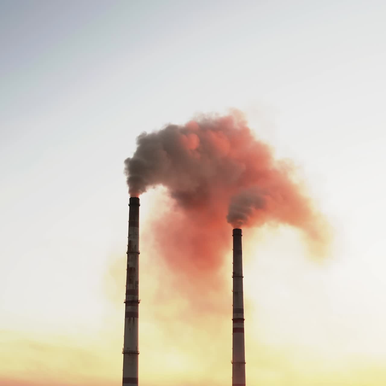 Drone view of pipes factory smoke. Aerial view of industrial zone with factory emission from factory pipes