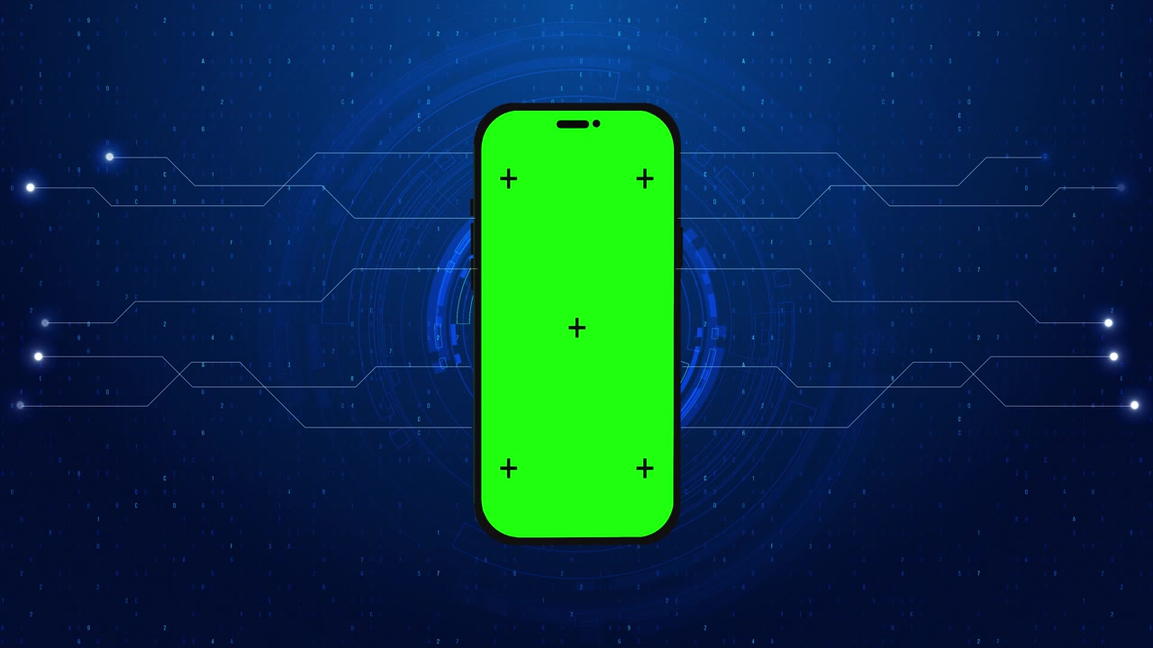Mobile chroma key interface visual with bright green display tracking crosses blue tech circuits and