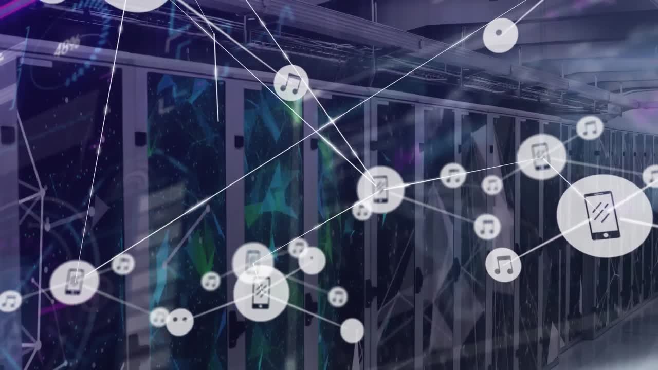 Animation of network of connections with icons and data processing over computer servers