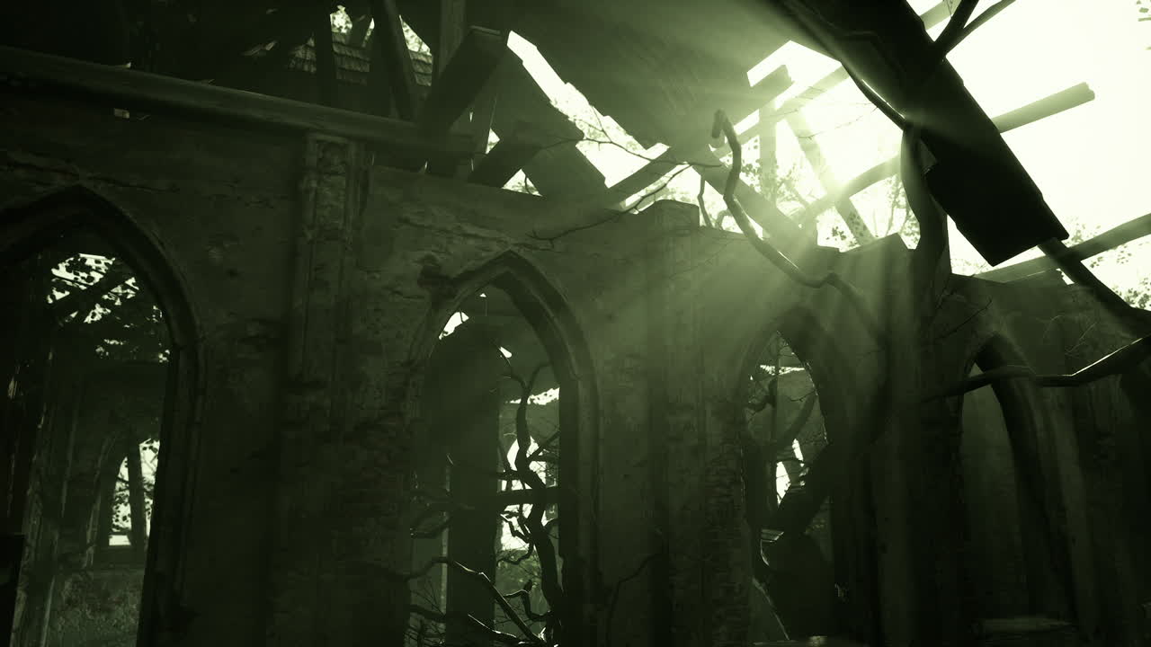 Sunlight illuminating ruined church