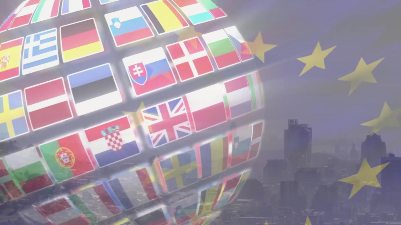Starting animation, rotating European flag sphere spinning over city skyline, uniting EU members