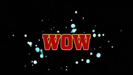 Animation-of-wow-text-over-falling-blue-dots-on-dark-background