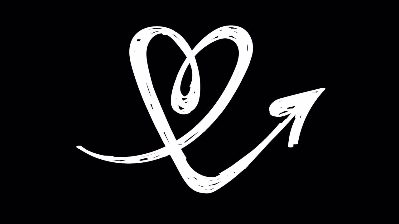 Cuore bianco disegnato a mano con freccia animata su sfondo nero
