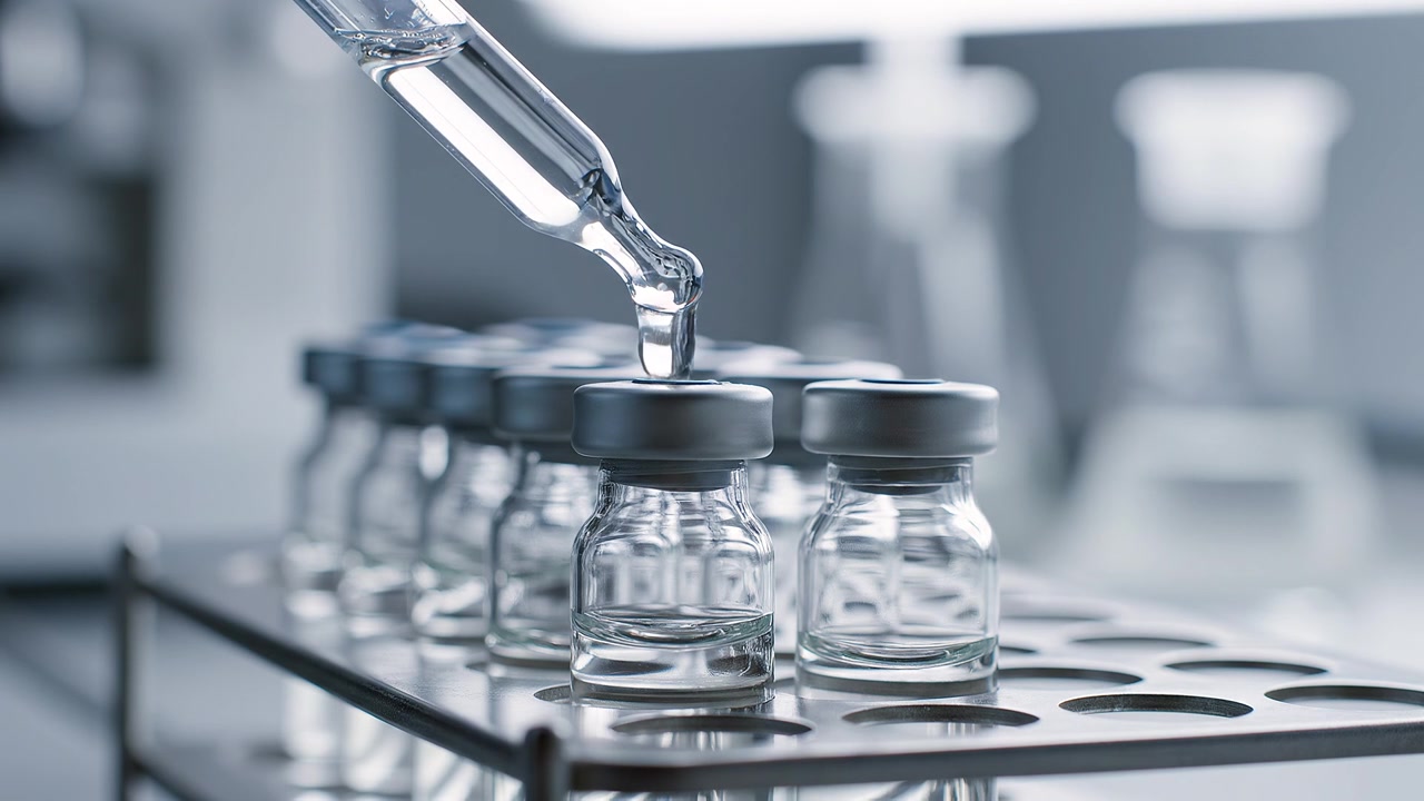 Close-up of pipette dispensing liquid into glass medical vials