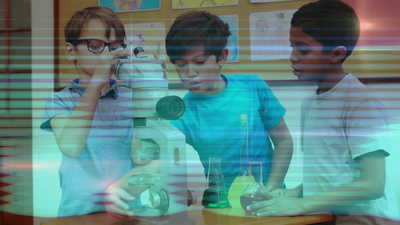 Three boys lifting microscope to eye, collaborating adjusting sample focus for science experiment