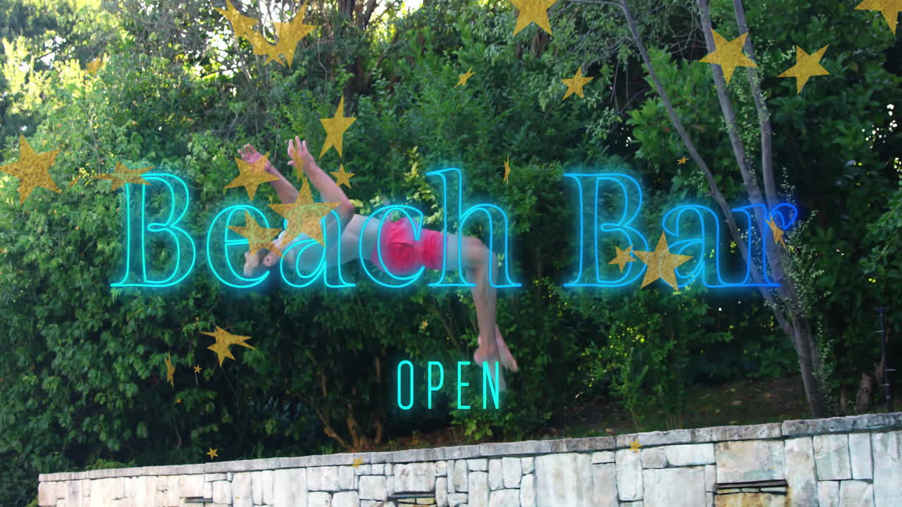 Person in red shorts jumping with Beach Bar Open text and star animation