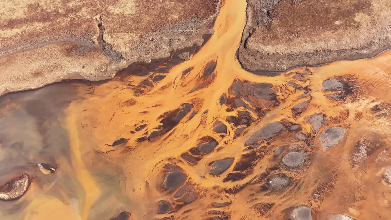 Aerial - golden Thjorsa River channels through surreal volcanic terrain in Iceland