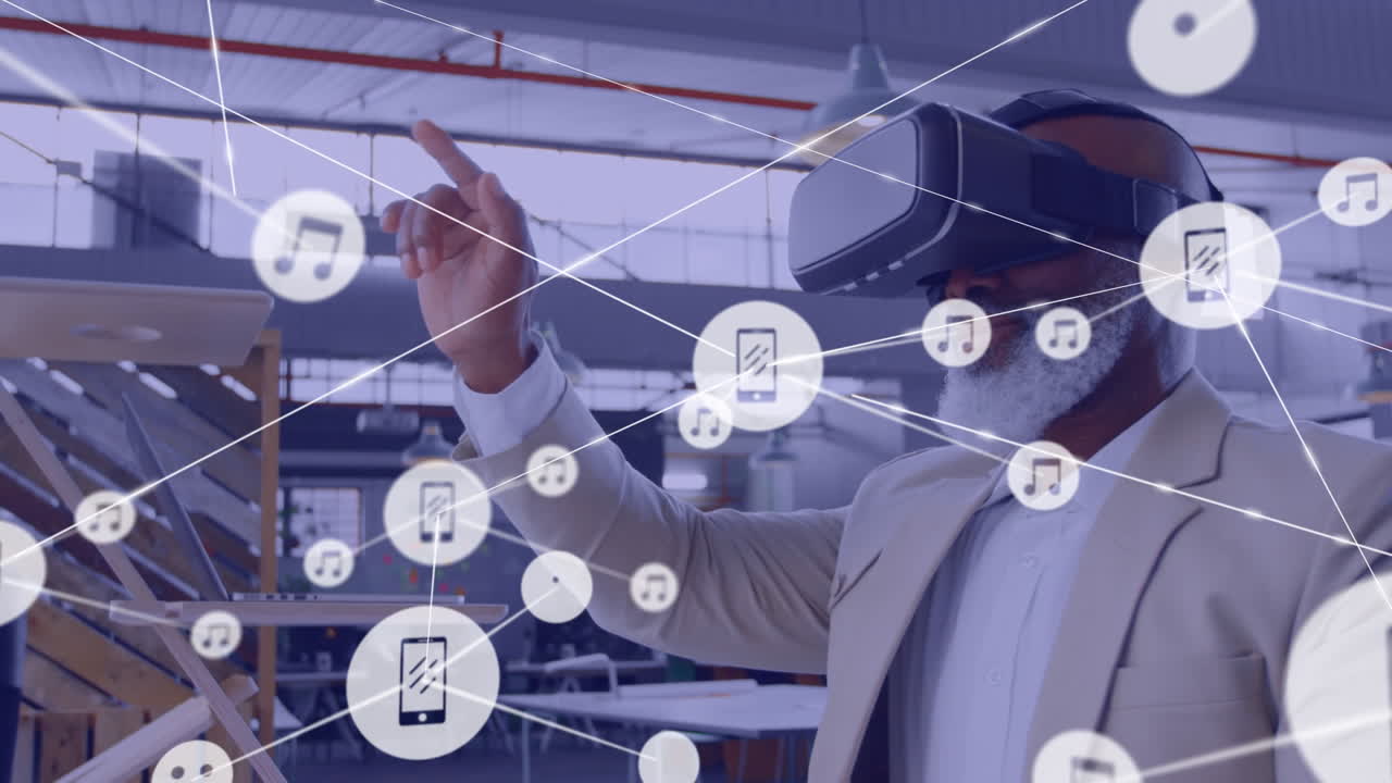Animation of network of connections with icons over african american businessman using vr headset