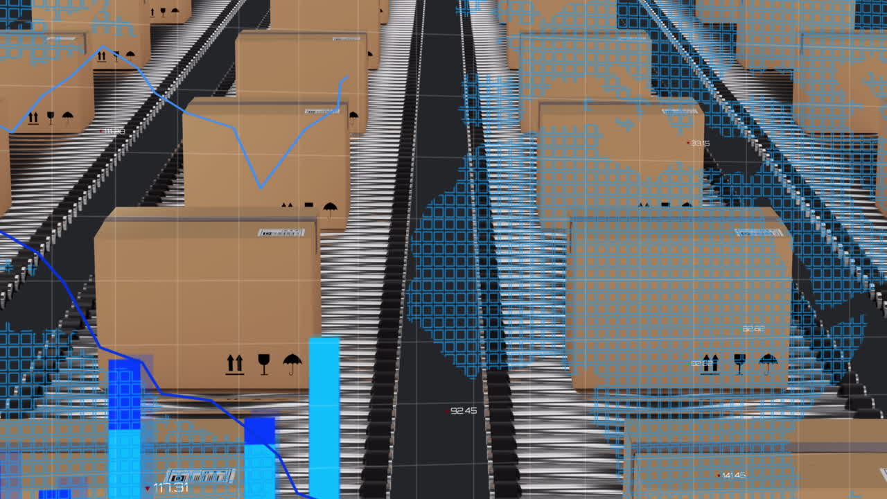 세계 지도와 컨베이어 벨트에 있는 카드본 상자 위에서 통계 처리의 애니메이션