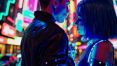 cyberpunk couple in neon city