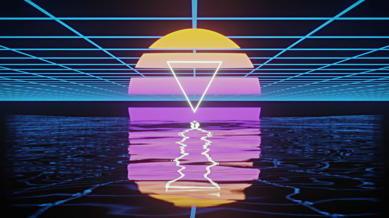 animación de un triángulo blanco sobre un círculo amarillo a púrpura brillante sobre una cuadrícula azul reflejada en el agua