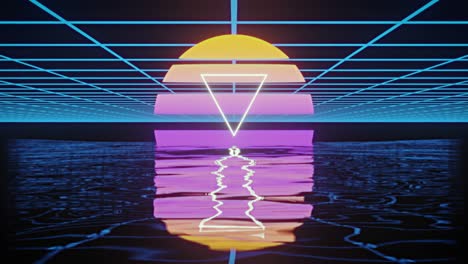 Animation-of-white-triangle-over-glowing-yellow-to-purple-circle-over-blue-grid-reflected-in-water