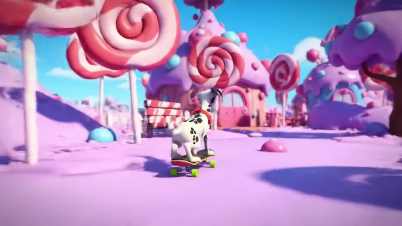 A Playful Dalmatian Skating Through a Colorful Candyland, Surrounded by Bright Lollipops and Frosted Pastry Houses, Bringing Joy to a Whimsical Adventure