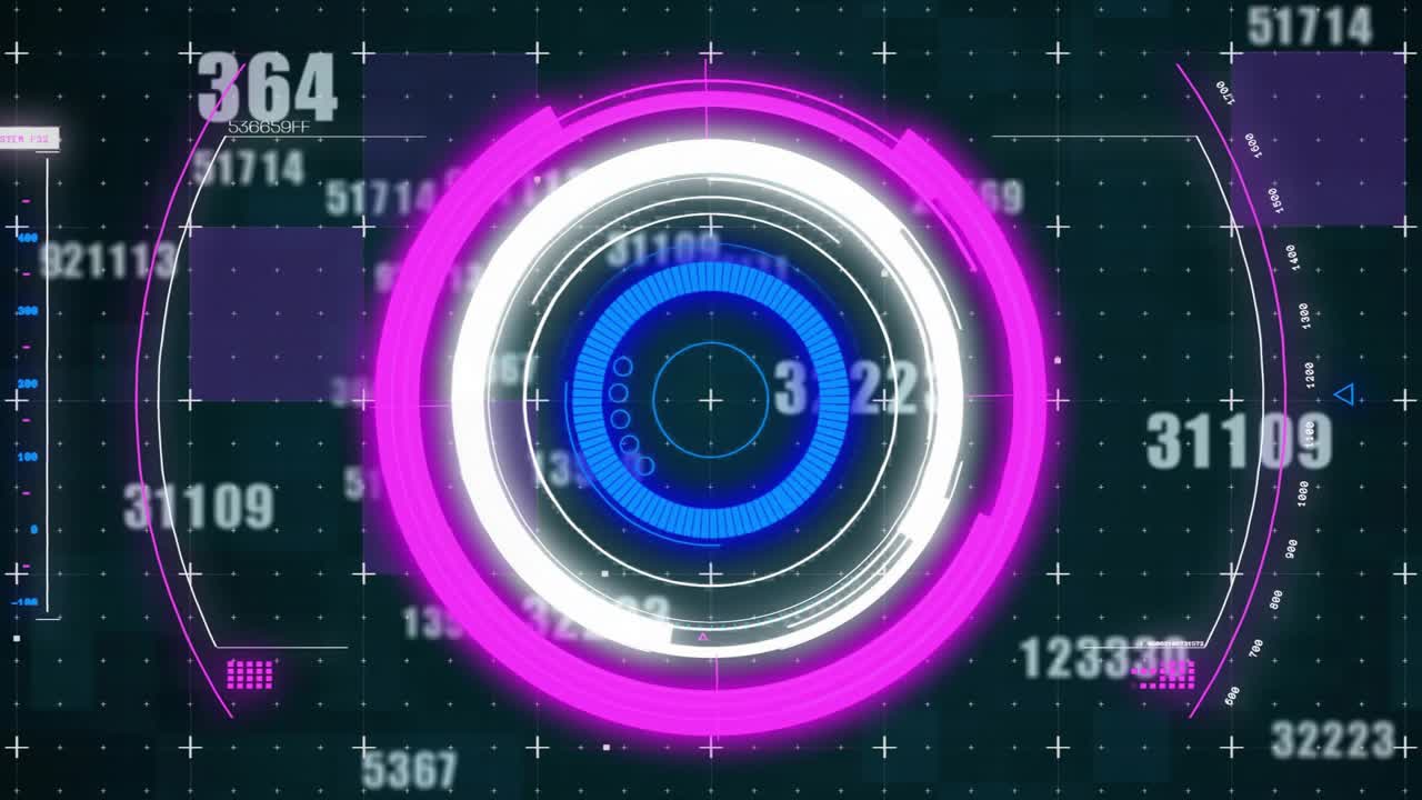 Upon grid activation, concentric rings rotating and pulsing while numbers scattering for data scan