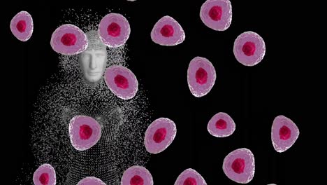 animation of human body cells and human body turning to particles on black background