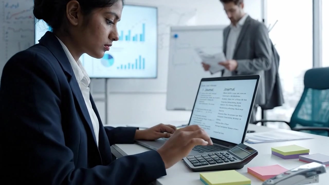 Professional Woman Working in an Office, Analyzing Data on Laptop with Charts and Reports, Focused on Completing Tasks and Collaboration with Colleagues